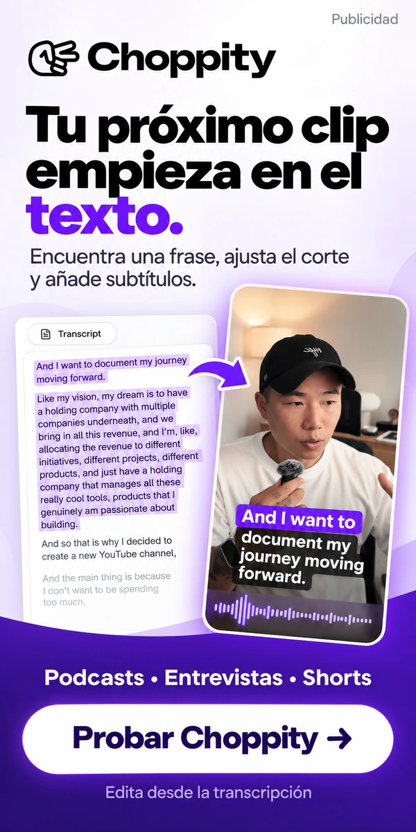 Choppity — Convierte grabaciones con conversación en propuestas de clips y ajusta cortes, subtítulos y encuadre.