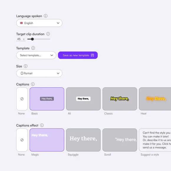 Official example of language, duration, aspect ratio and style selection. Saved templates and custom fonts depend on the plan.