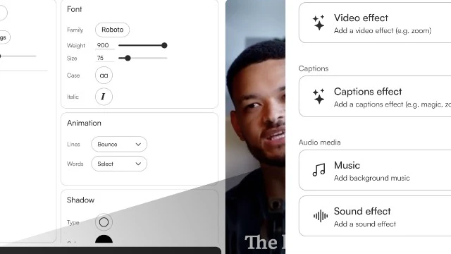 Choppity editor showing caption controls and a timeline.
