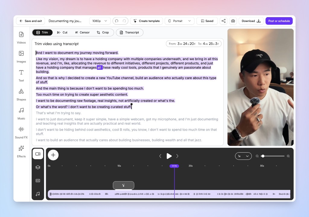 A selected transcript passage beside the clip preview. Download and publishing buttons require a paid plan.