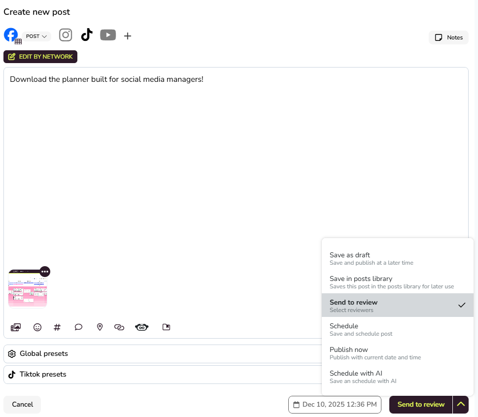 Official editor screenshot from Metricool's December 2025 kit, showing “Send to review.” Approval requires Advanced or Custom. This is a provider example, not a Clipper Hub test.