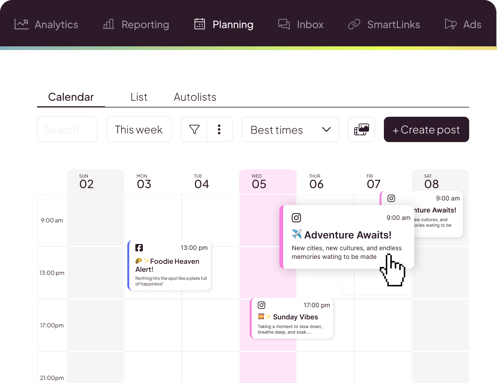 Official Metricool planner image. Illustrative product visual; available features depend on the plan and social network.