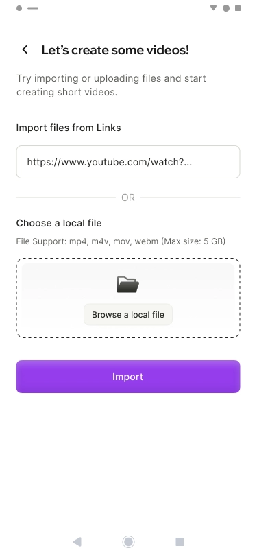 quso mobile screen for importing a link or uploading a video file.