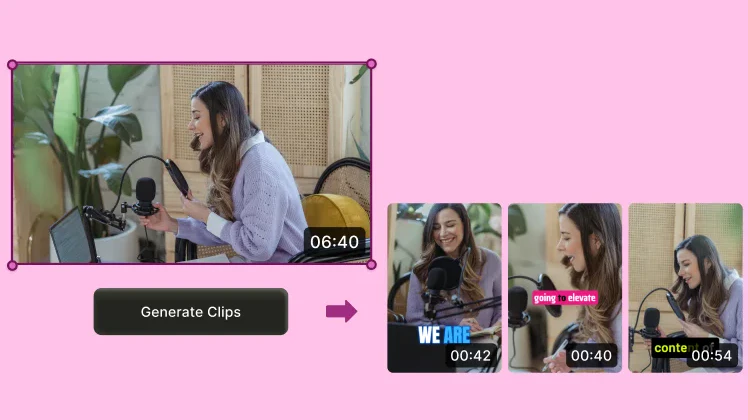 A podcast video becomes several vertical clips with captions in quso.