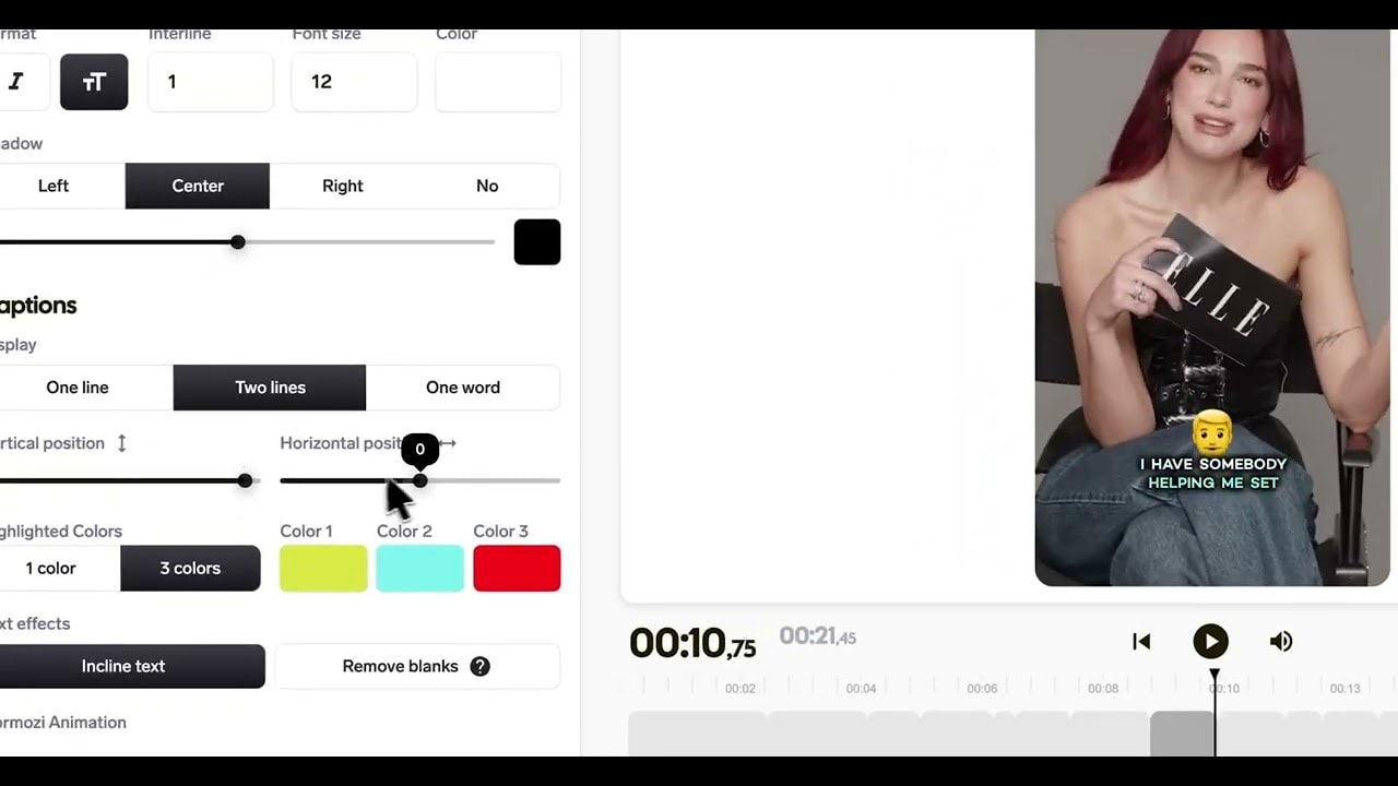 Official example of caption adjustments and the resulting preview. The interface may change.