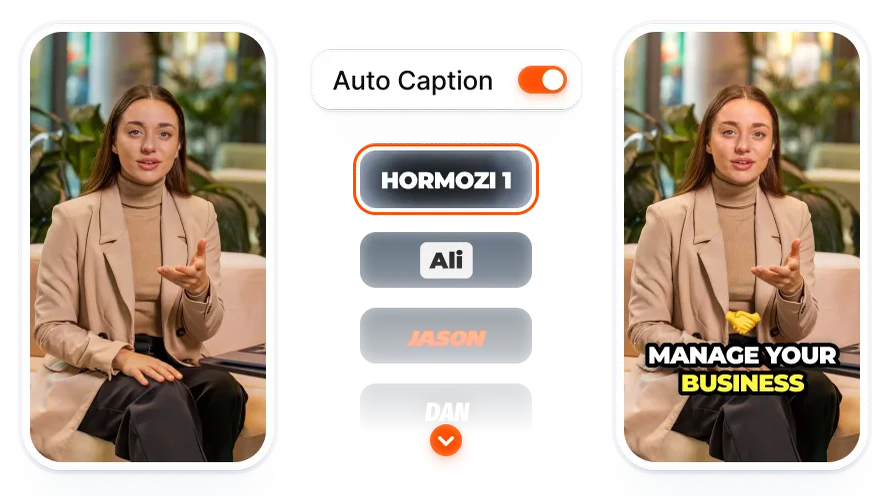 Official Submagic example: a spoken video gains highlighted captions and text styles.