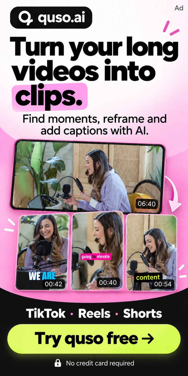 quso.ai — AI suggests moments from your long videos. Review the cuts, framing and captions before exporting.