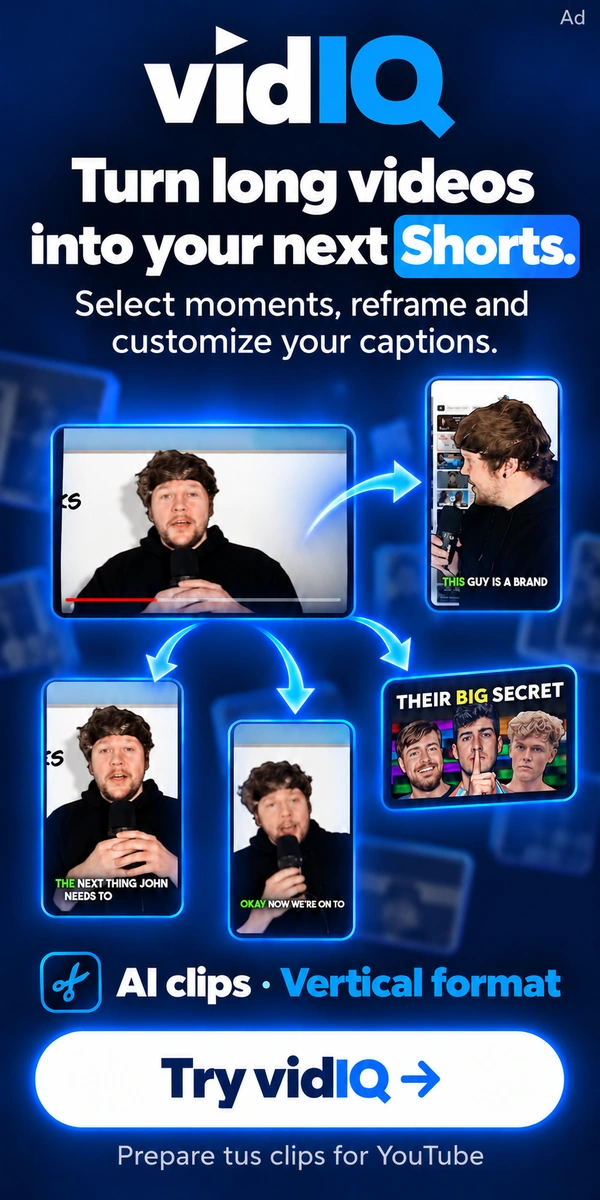 vidIQ — Turn recordings with speech into vertical clips, review cuts and captions, and prepare YouTube titles.