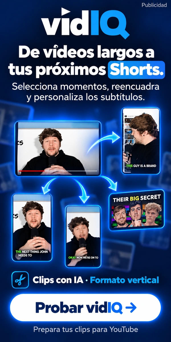 vidIQ — Convierte grabaciones con voz en clips verticales, revisa cortes y subtítulos, y prepara títulos para YouTube.
